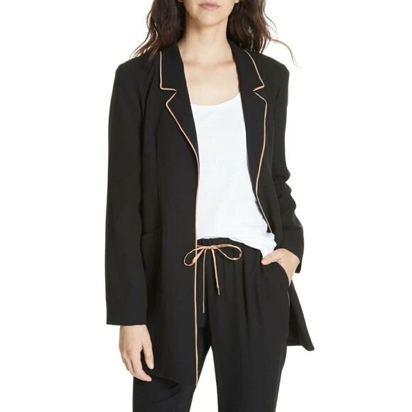 NEW Eileen Fisher Silk Georgette Crepe Long Piped Trim Blazer/Jacket Size:PP/PPT - Picture 1 of 13